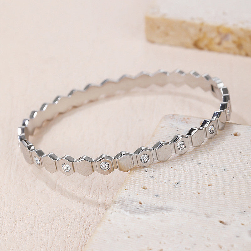 Gold-Plated AD Bangle-Style Hexagonal Anti-Tarnish Bracelet for Women