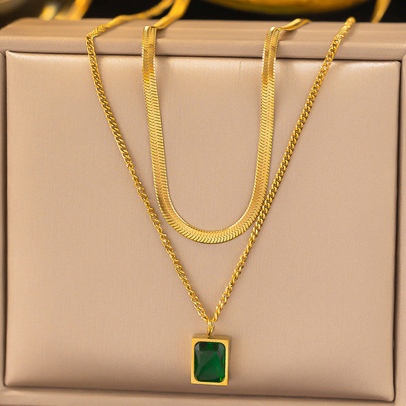 Gold-Plated Anti-Tarnish Green Emerald Geometric Layered Necklace for Women