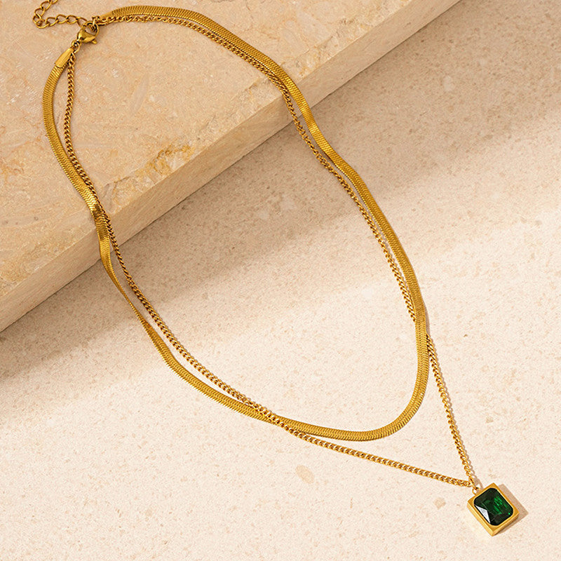 Gold-Plated Anti-Tarnish Green Emerald Geometric Layered Necklace for Women