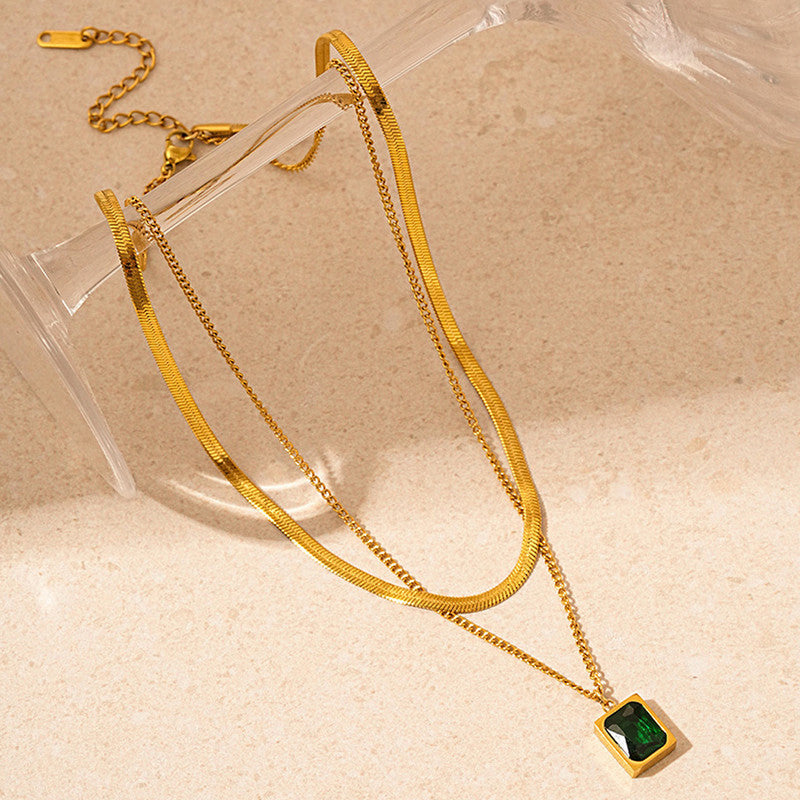 Gold-Plated Anti-Tarnish Green Emerald Geometric Layered Necklace for Women