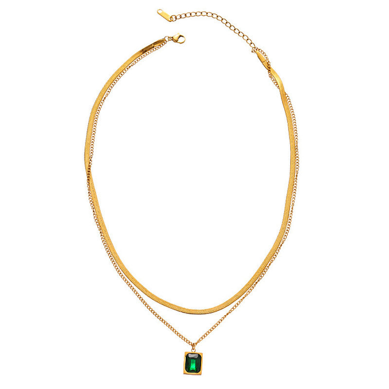 Gold-Plated Anti-Tarnish Green Emerald Geometric Layered Necklace for Women