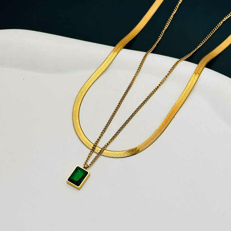 Gold-Plated Anti-Tarnish Green Emerald Geometric Layered Necklace for Women