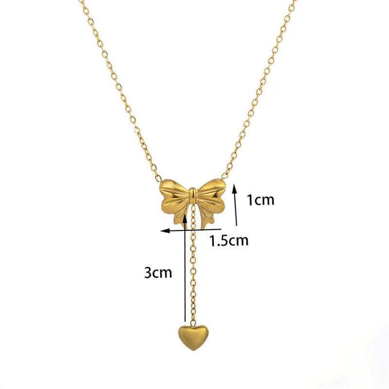 Gold Plated Stainless Steel Anti Tarnish Heart Themed Bow inspired Pendant Necklace