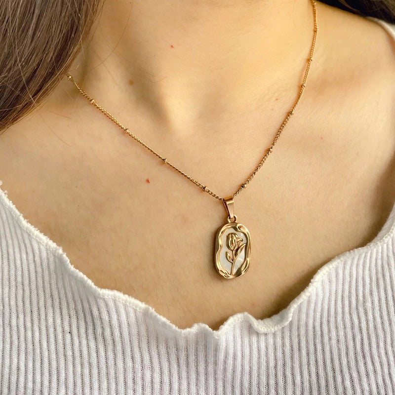 Gold Plated Rose Floral Pendant Anti Tarnish Necklace for Women