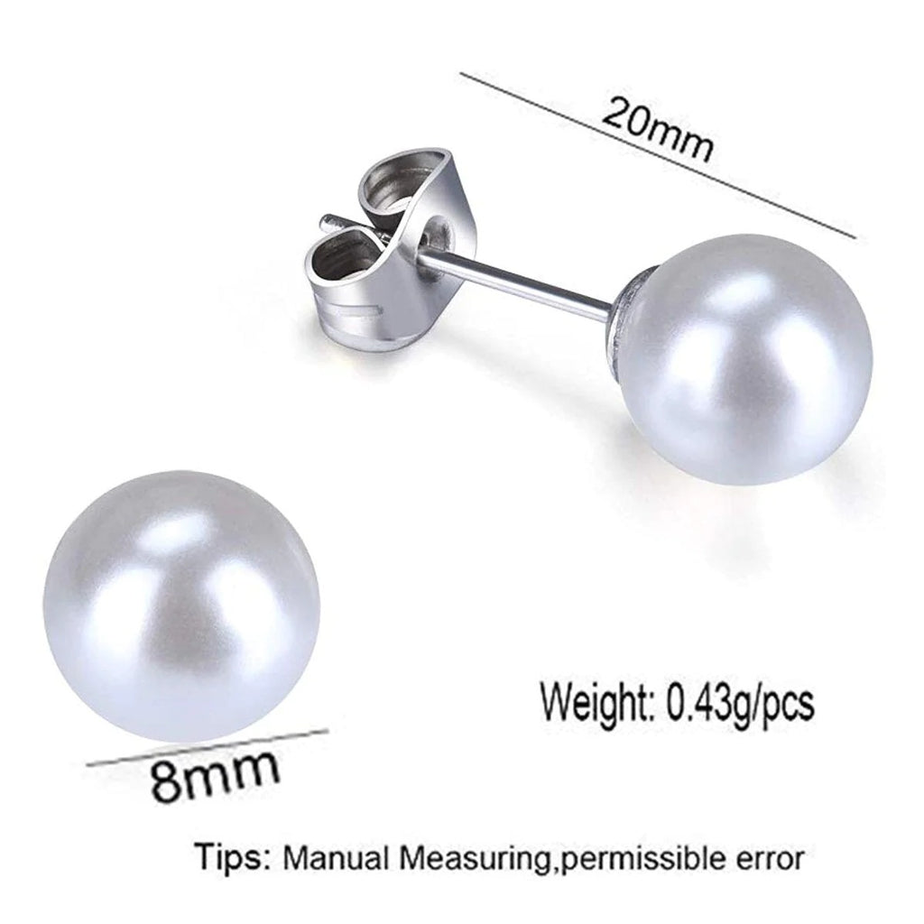 Stunning 8mm Pearl Stud Earring in Silver Color, Made from 316L Surgical Stainless Steel for Women