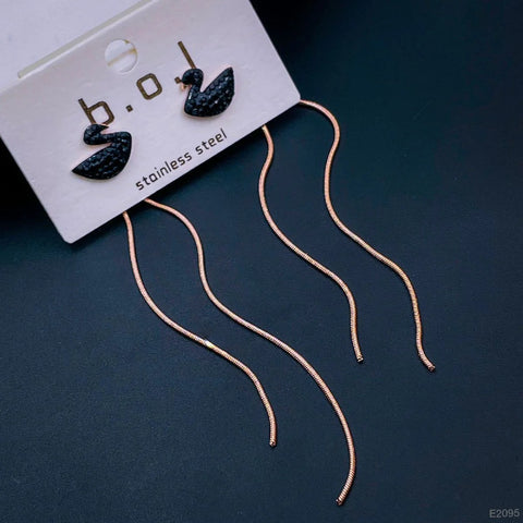 Rose Gold Stainless Steel with CZ Black Swan Drop Tassel Earrings for Women