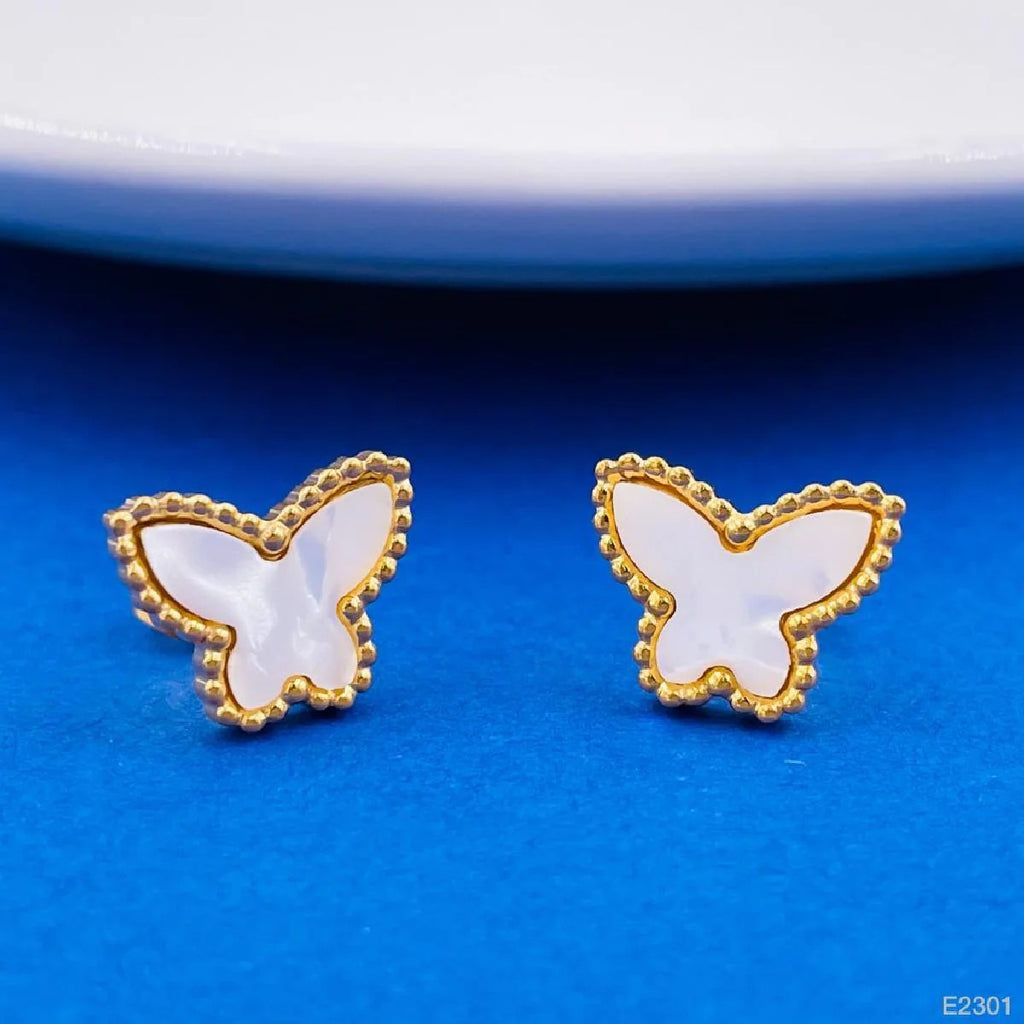 Gold Plated Stainless Steel Butterfly  Pearl Stud Earrings for Women