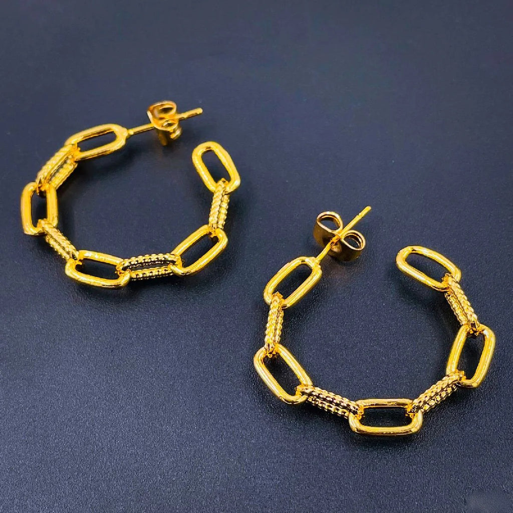 Gold Plated Link Design Stainless Steel Hoop Earring Pair for Women
