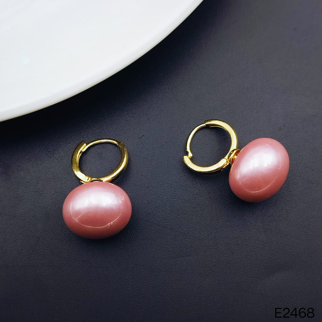 18K Gold Plated Baby Pink Button Pearl Drop Hoop Bali Earrings for Women