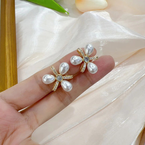 18K Gold Plated with Flower Pearl Design with CZ Stud Earrings for Women