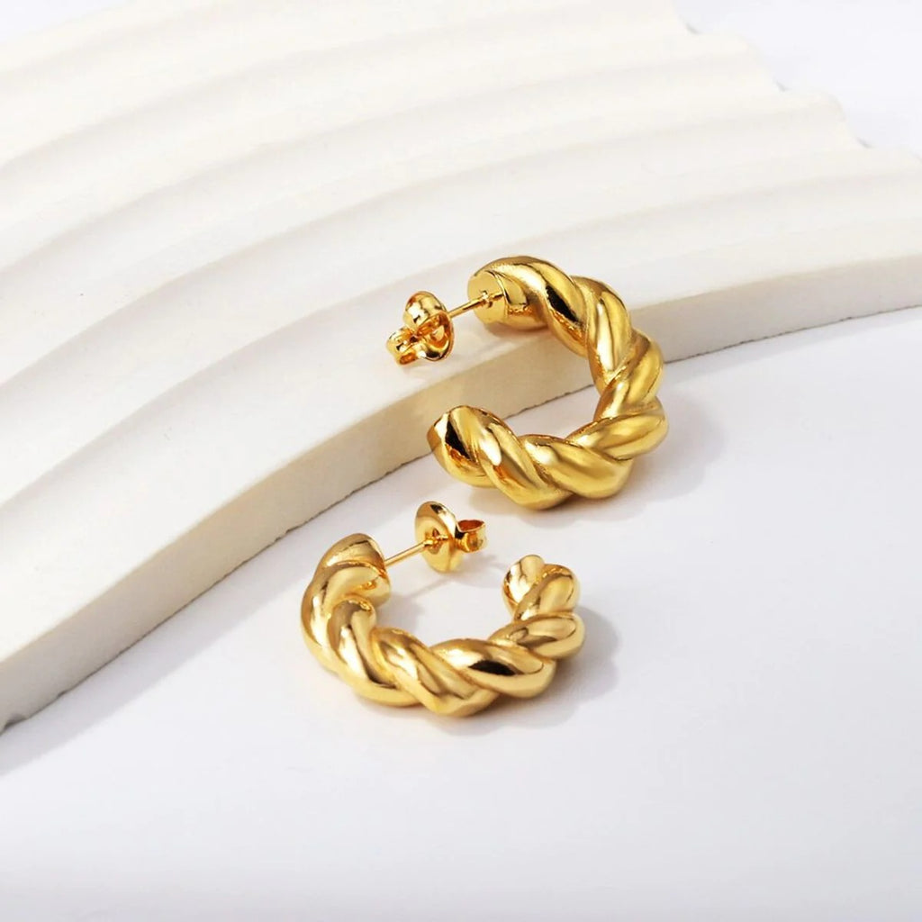 Twisted Croissant Design Glossy Gold Plated Hoop Bali Earrings for Women