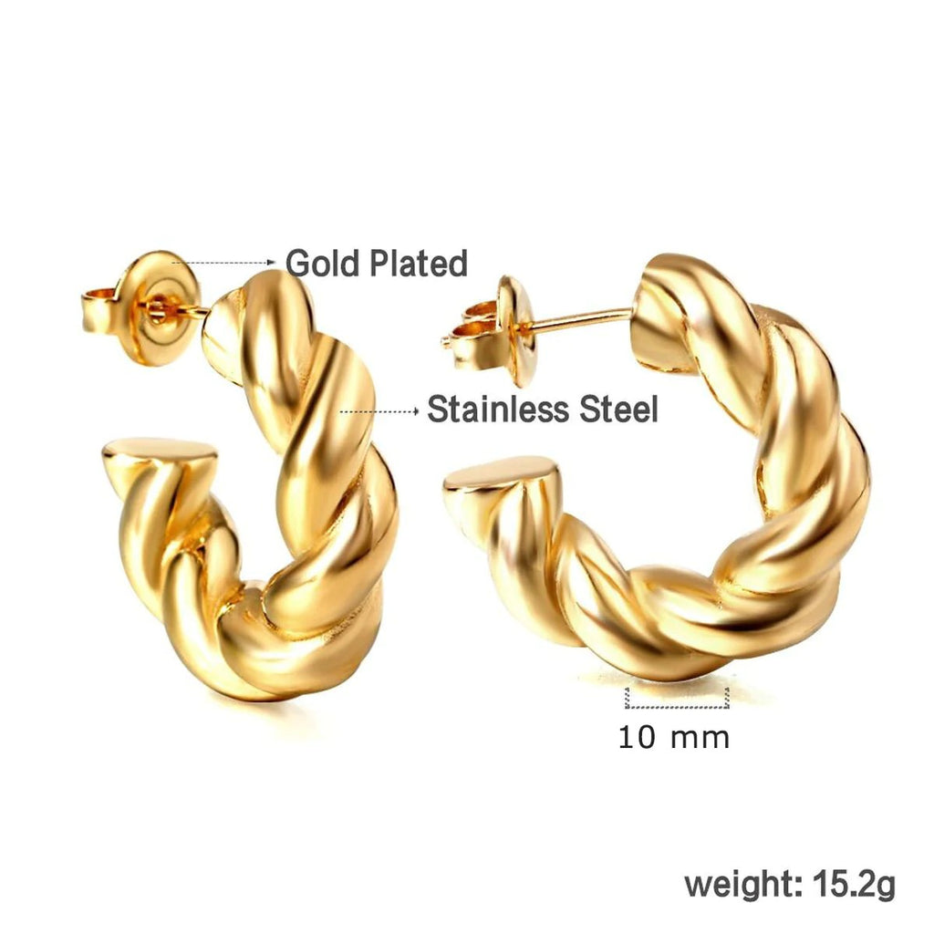 Twisted Croissant Design Glossy Gold Plated Hoop Bali Earrings for Women