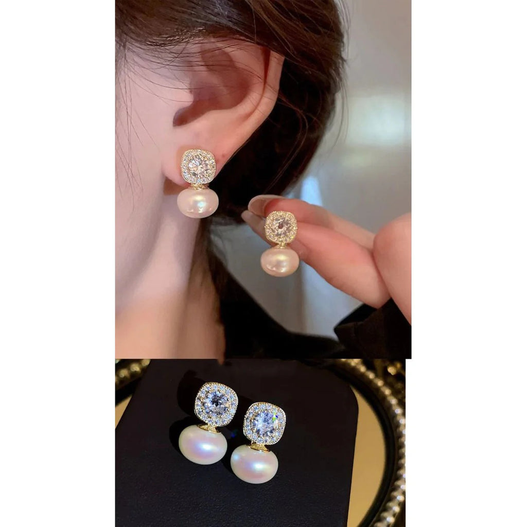 18K Gold Plated Cubic Zirconia Pearl Stud Earrings for Women