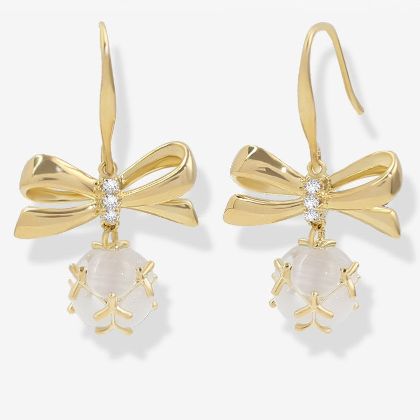 Trendy 18k Gold Plated Zirconia Bow Drop Design Fashion Earrings