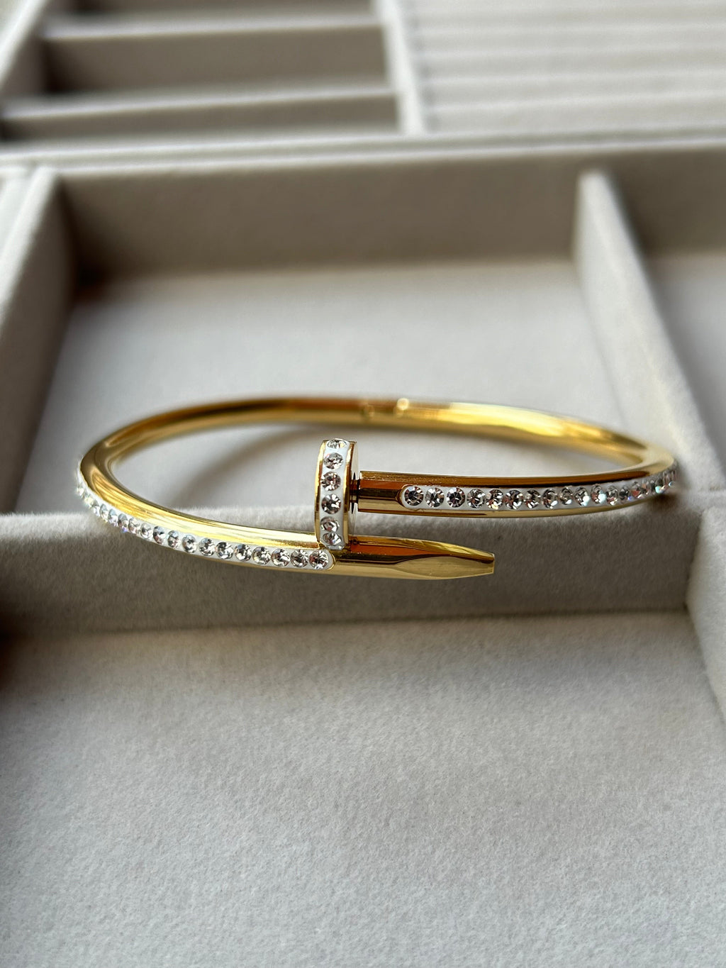 Stainless Steel Gold Plated Anti Tarnish AD Studded Nail Bracelet for Women