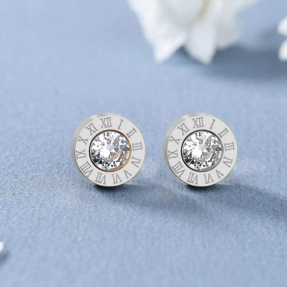 Stainless Steel Roman Numerals Stud Earrings with Cubic Zirconia Accents in Gold, Rose Gold, and Silver