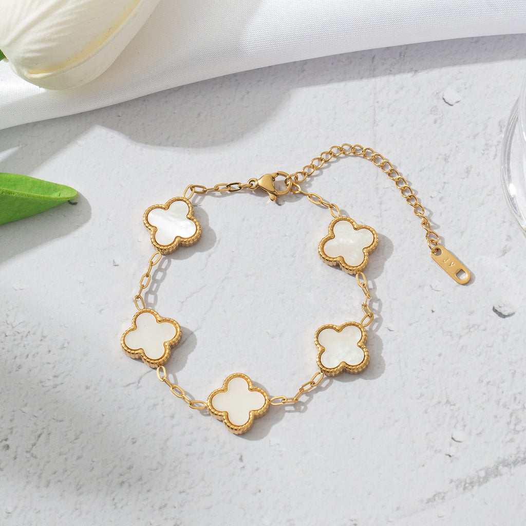 Gold-Plated White Clover Mother of Pearl Link Bracelet for Women