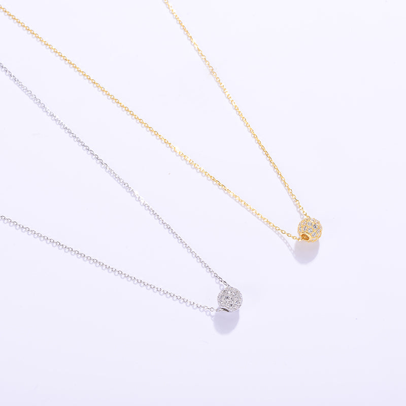Golden Pave Ball Necklace with Crystal Slider on Delicate Gold Chain - Diamond and Crystal Bead Accents, 8mm Cubic Zirconia CZ