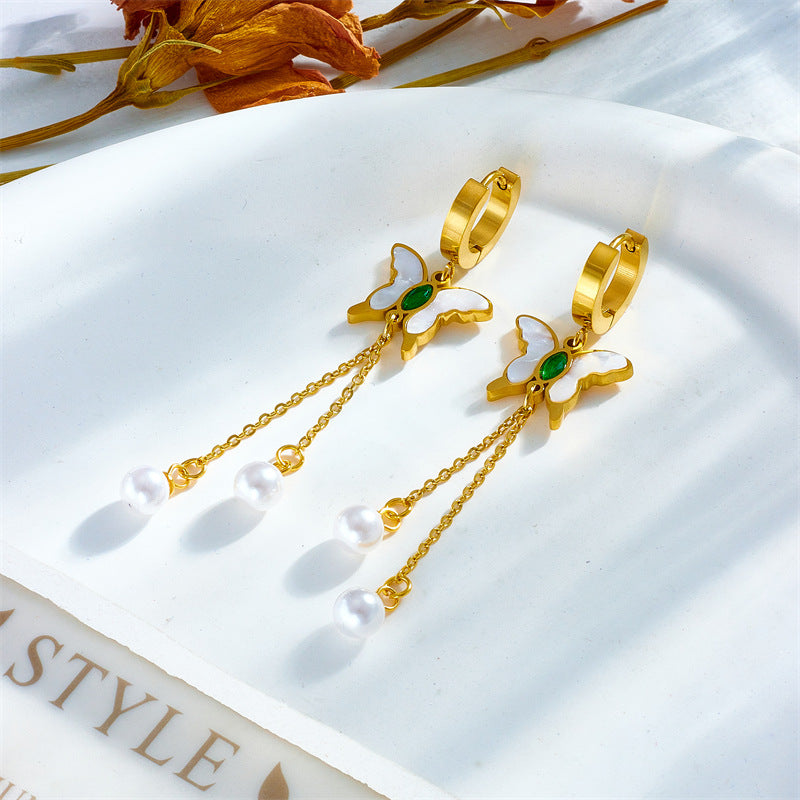 Fashion 18k gold Plated pearl butterfly Stainless steel tarnish free Earrings Women