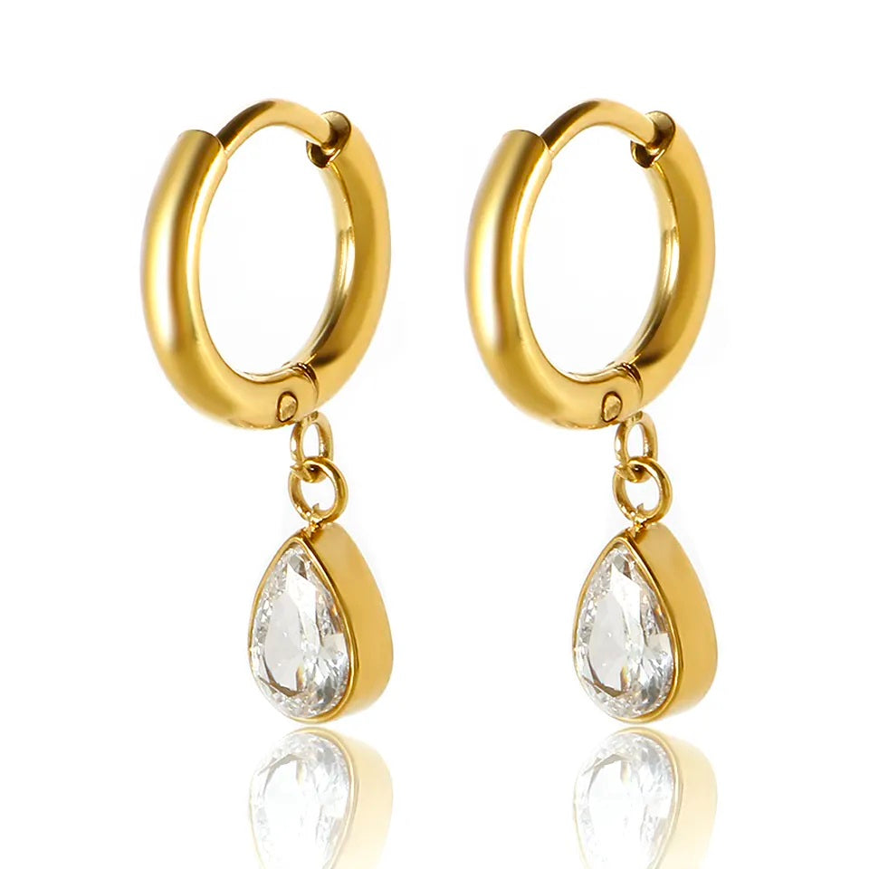 18K Gold Plated Stainless Steel and Cubic Zirconia Hoop Drop Earrings For Women
