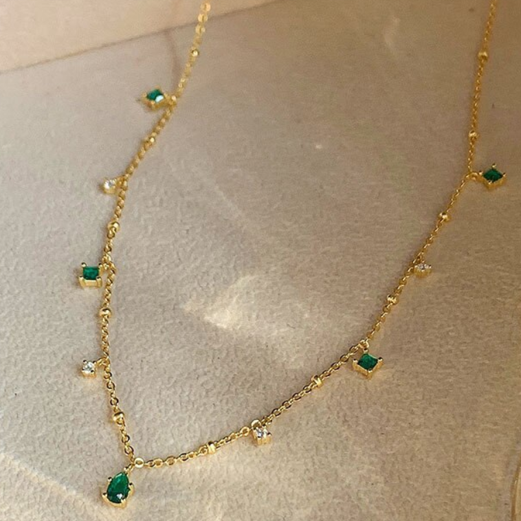 18k Gold Plated Clavicle Chain Zircon Vintage Green Gemstone Necklace for Women