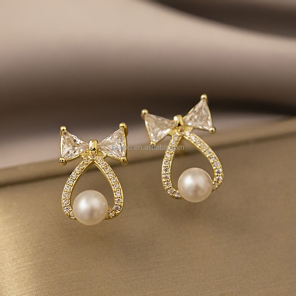 Micro Zircon Bow knot Pearl Stud Earrings For Women