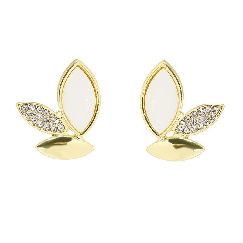 Trendy Fashion Pure Crystal Cat Eye Stone Leaf Stud Earrings For Women