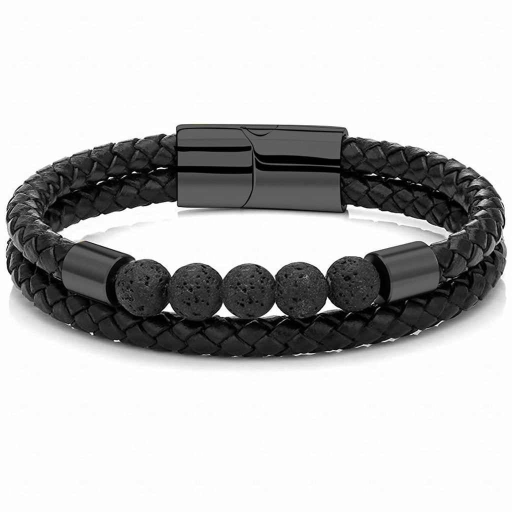 Men’s Classic Leather Beaded Bracelet – Stainless Steel Magnetic Buckle Wristband – Stylish Bangle Jewelry for Friends & Gifts