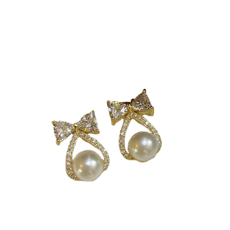 Micro Zircon Bow knot Pearl Stud Earrings For Women