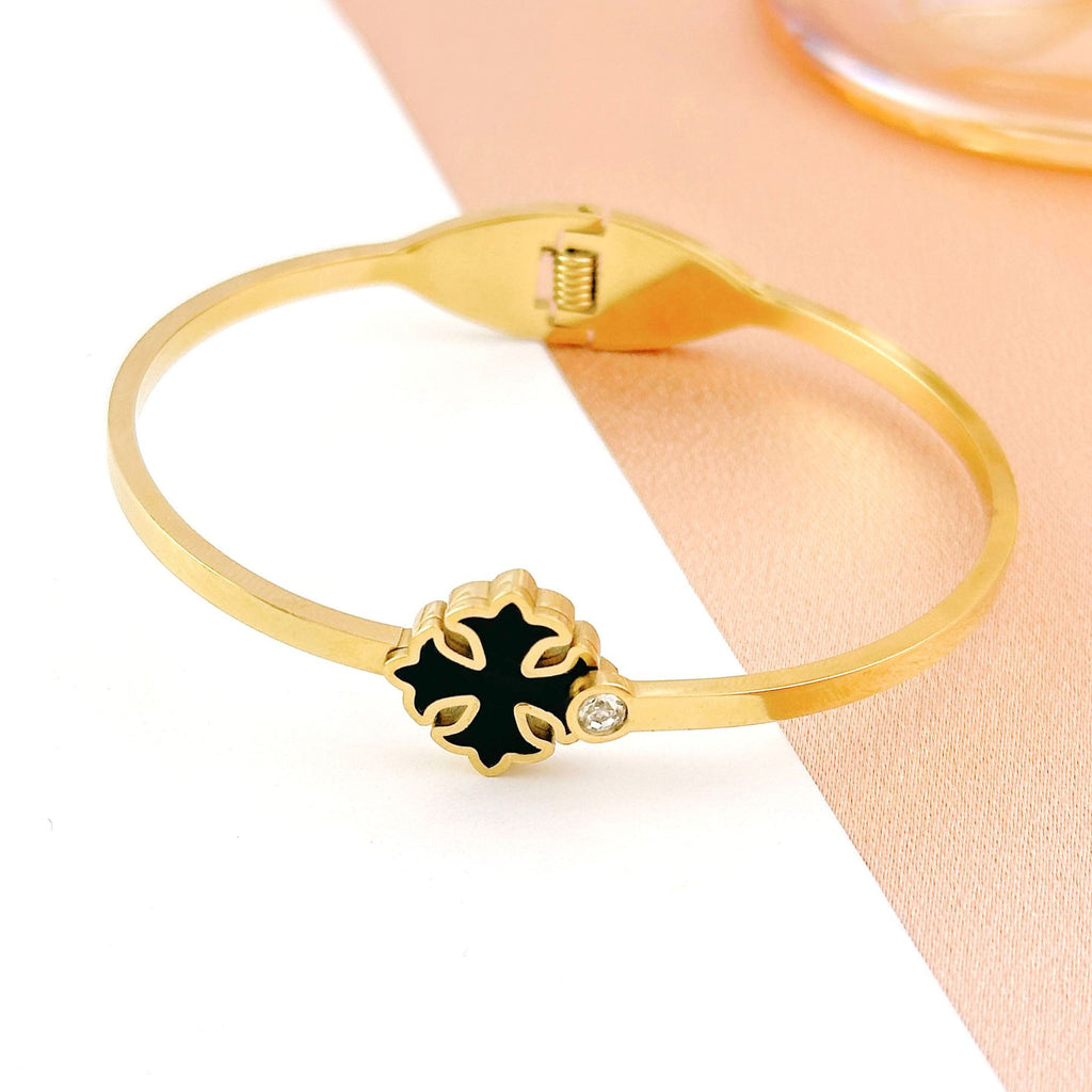 Retro Versatile Black Shell Cross Fine 18k Gold Plated Diamond Bangle Bracelet For Women