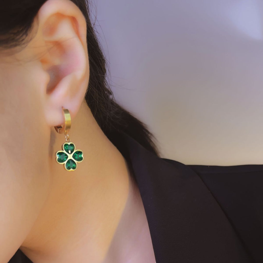 Unique Four-Leaf Green Clover Stainless Steel Charm Earrings For Women