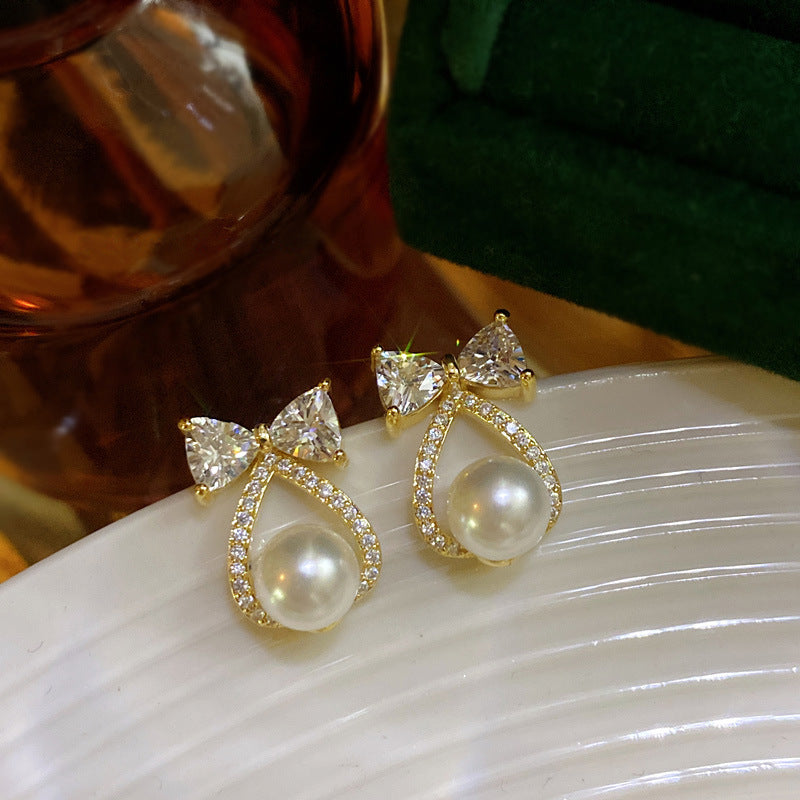 Micro Zircon Bow knot Pearl Stud Earrings For Women