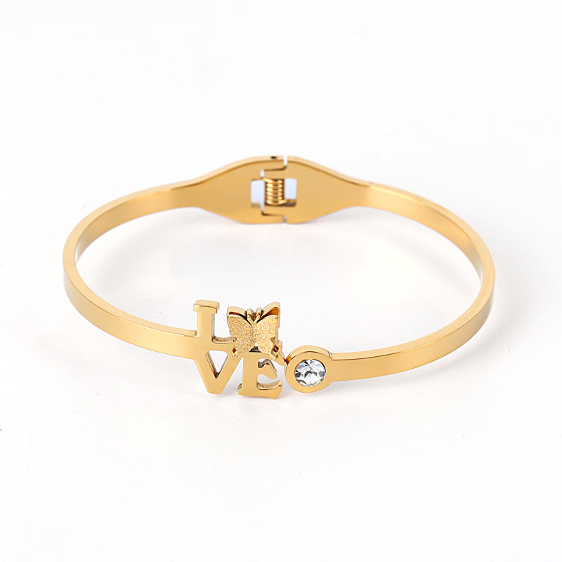 Fashion Zircon LOVE Butterfly Shaped Gold Plated Stainless Steel Bracelet Bangles for Women