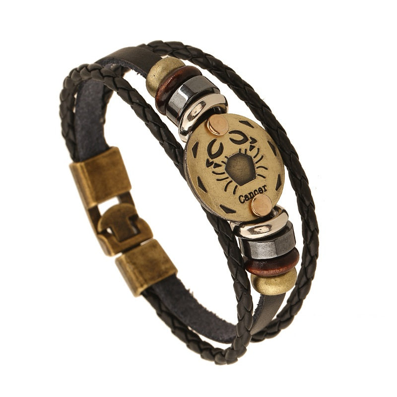 Unisex Copper Leather Wristband Bracelet with Constellation Zodiac Star