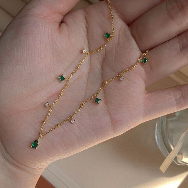 18k Gold Plated Clavicle Chain Zircon Vintage Green Gemstone Necklace for Women