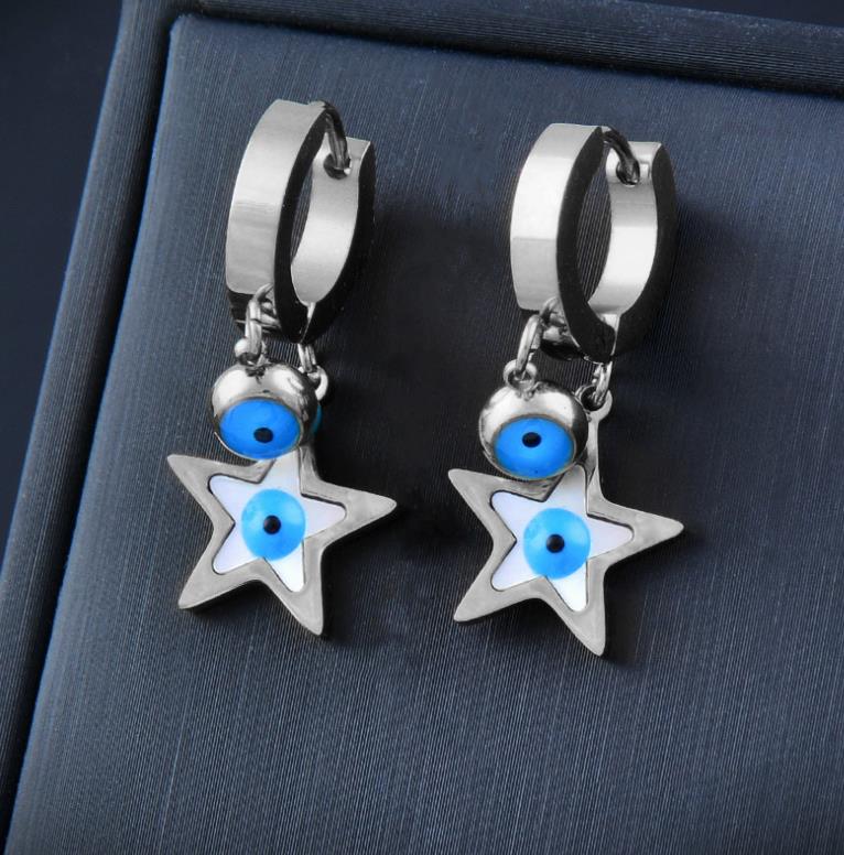 Fine Blue Eyes with White shell Star Shape Hoop Stainless Steel Earrings