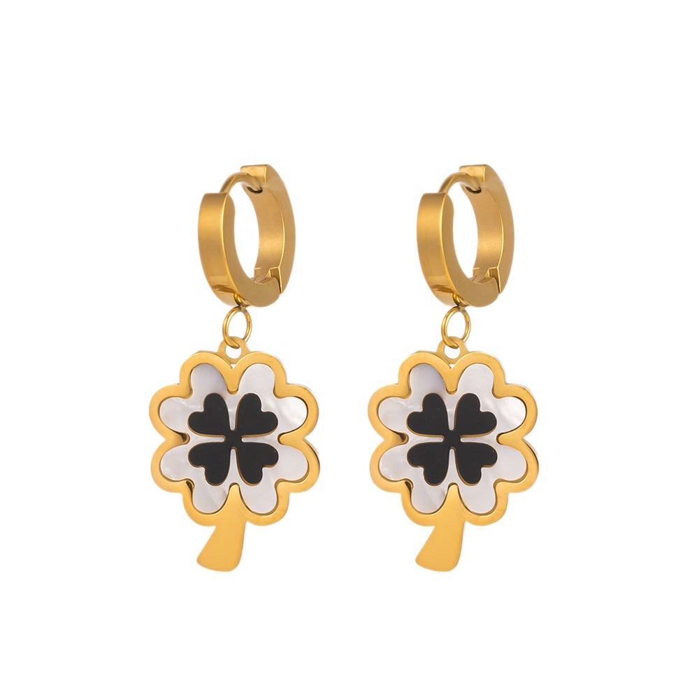 Luxury 18k Gold Plated Stainless Steel Lucky Four Leaf Clover Design Earring