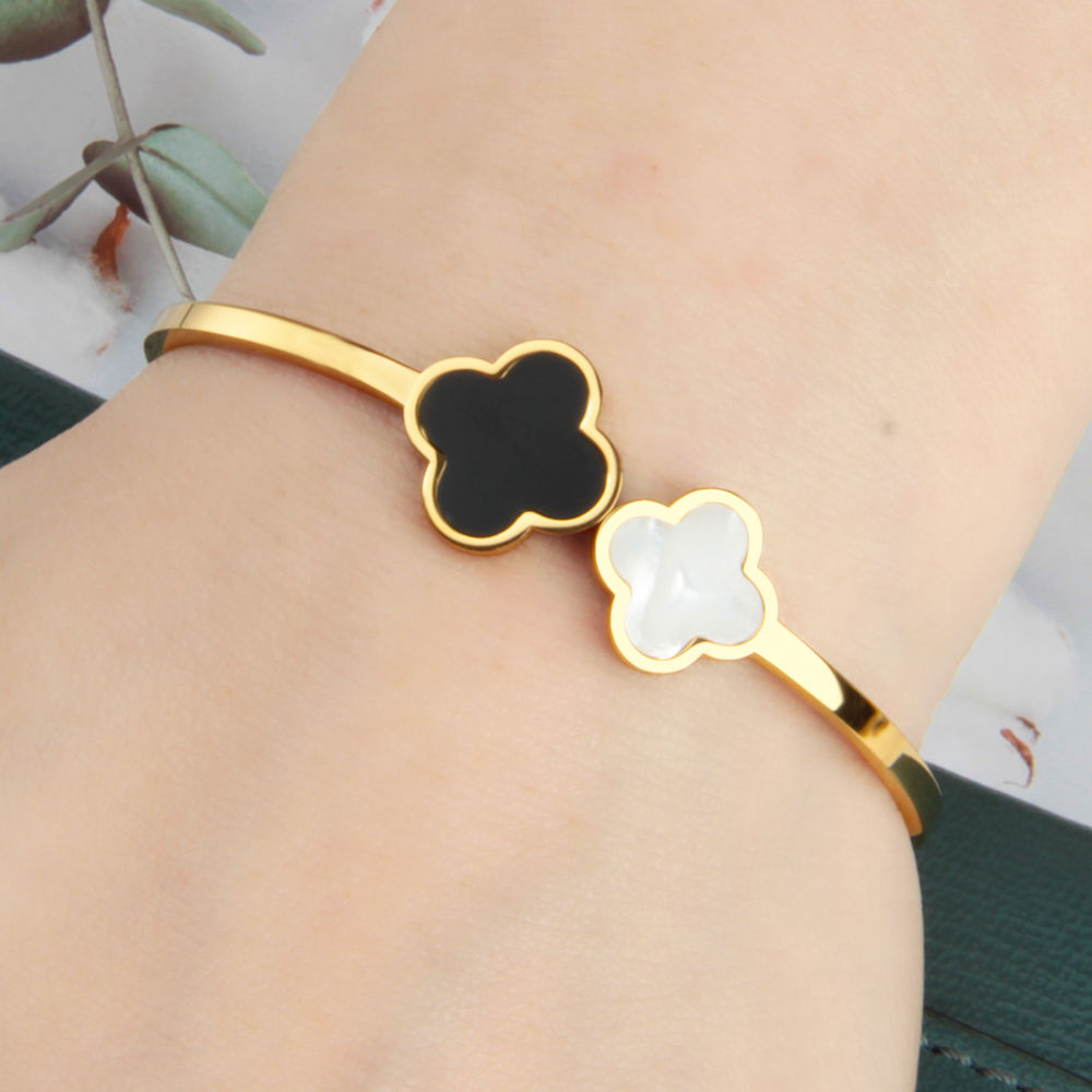 Luxurious Shell Four-Leaf Clover 18k Gold Plated Cuff Bangle Bracelet for Women