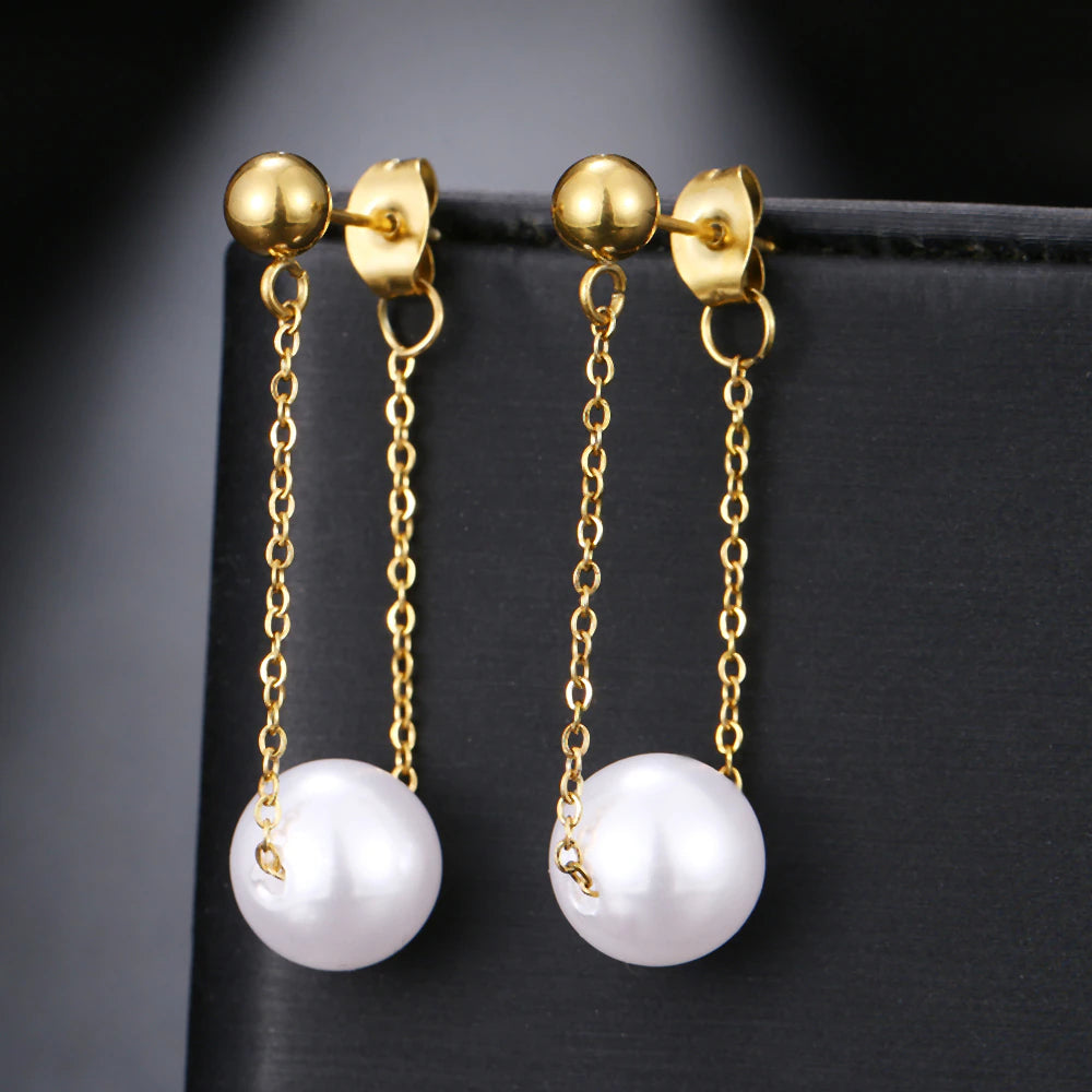 Korean Fashion Minimalist Pearl Pendant Gold Dangle Earrings - Gothic Chic Women's Seductive Jewelry