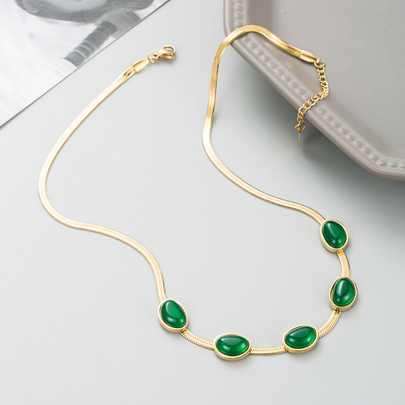 Women's Thick Chain Choker Necklace: Stainless Steel with Oval Green Zircon Charm