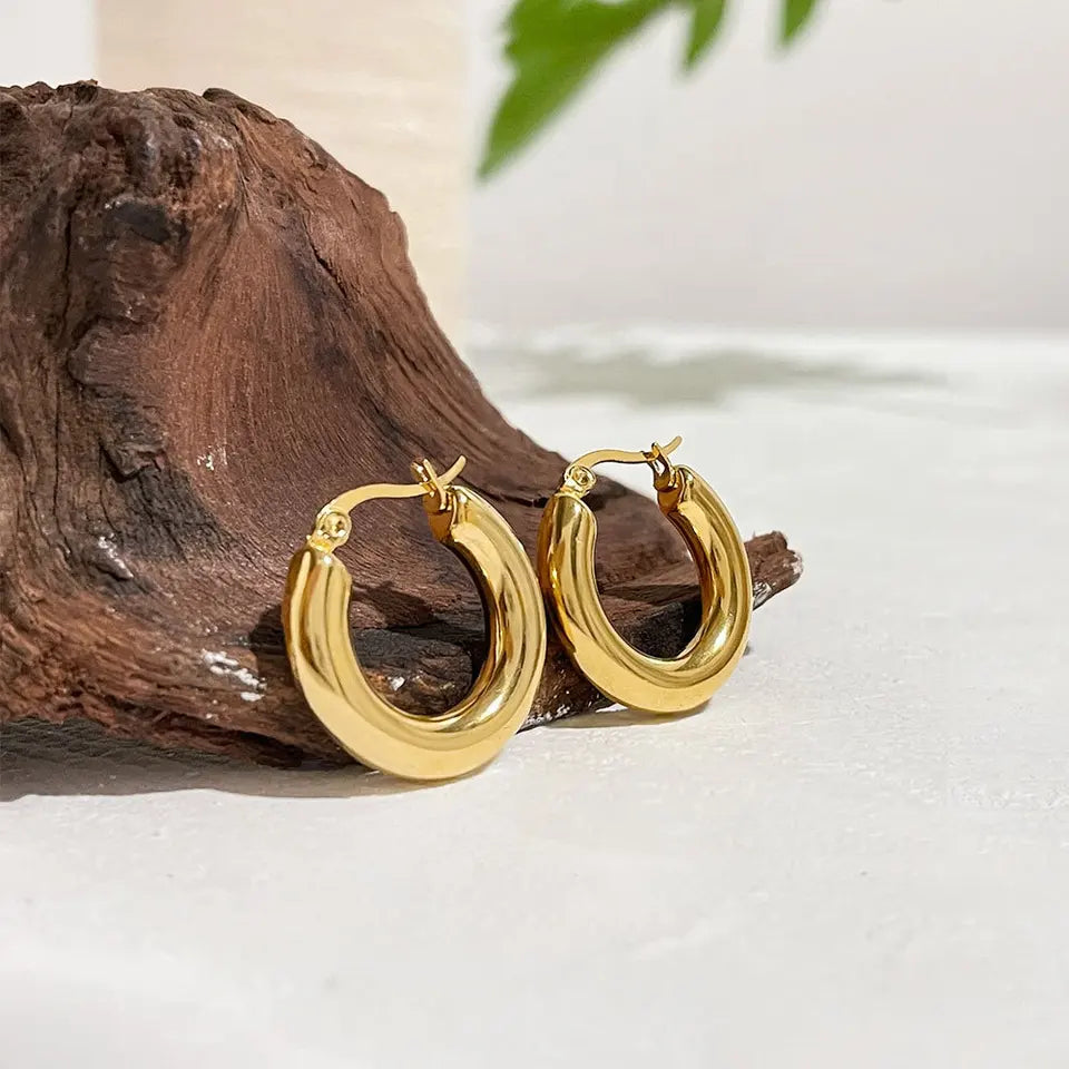 18K Gold Plated Filled Thick Geometric Circle Hoop Stainless Steel Earrings