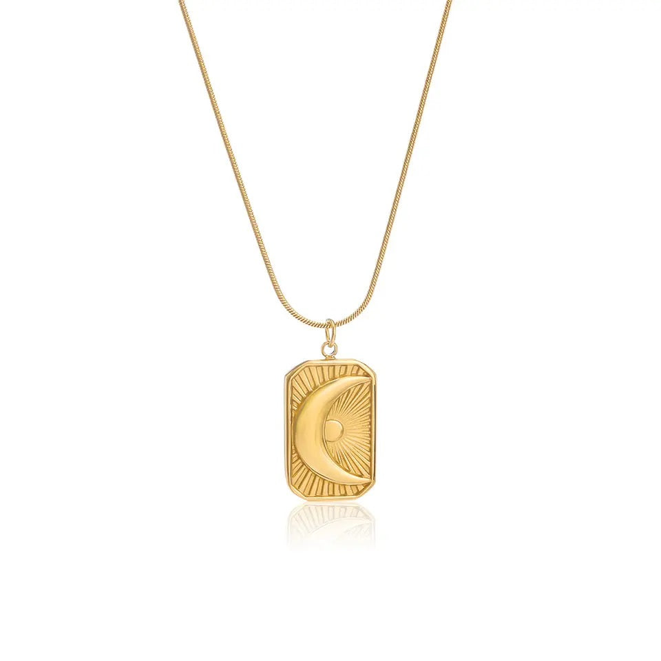 Stainless Steel rectangle pendant crescent moon sun burst necklace for Women