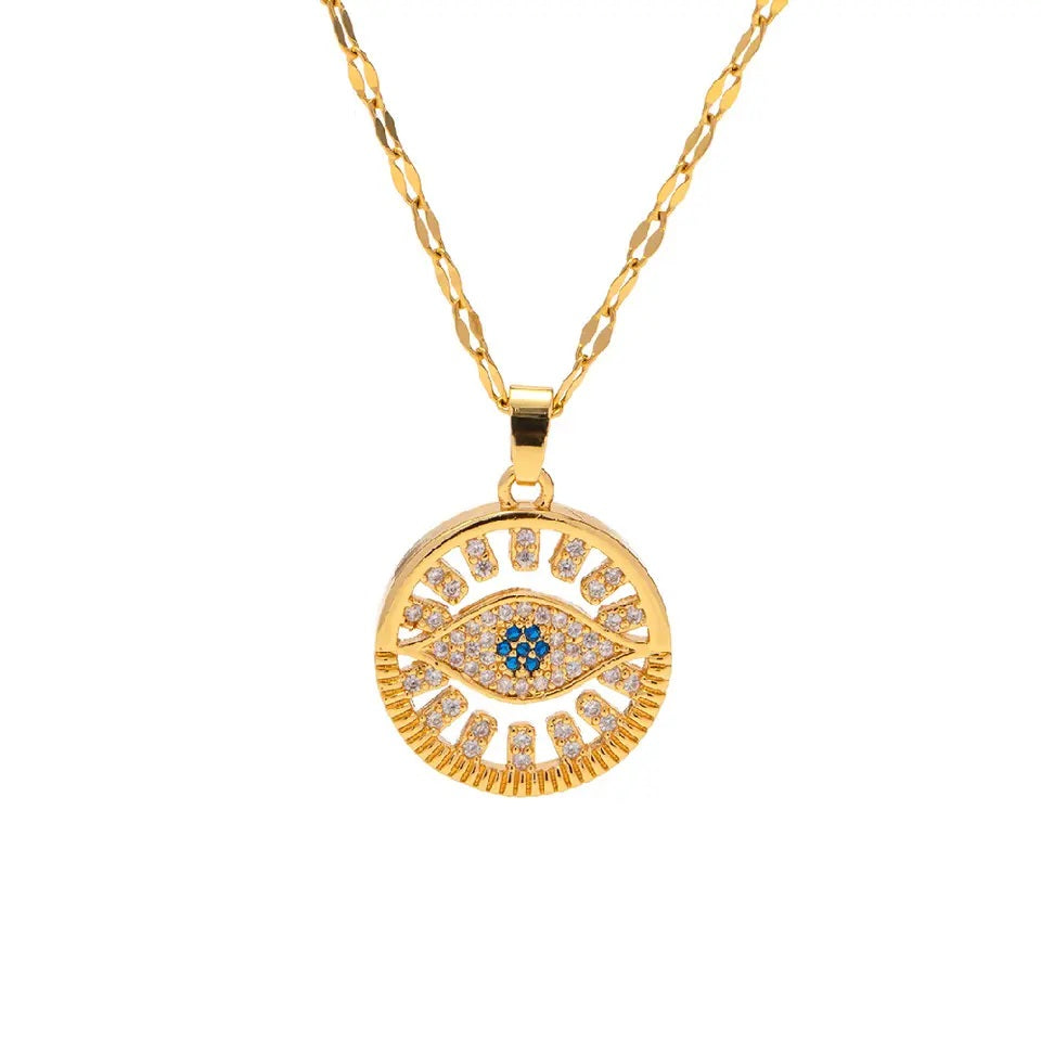 Non tarnish gold plated zircon evil eye round pendant necklace for women