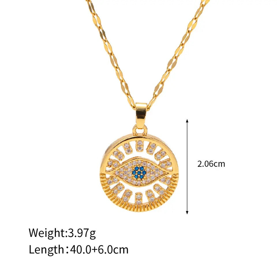 Non tarnish gold plated zircon evil eye round pendant necklace for women