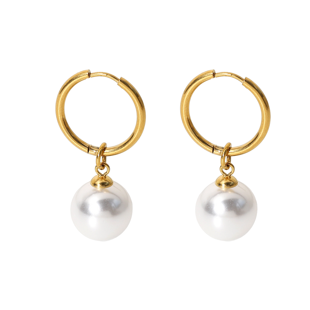 Gold Plated Stainless Steel Round Baroque Pearl Charm Earrings for Women