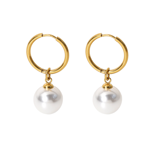 Gold Plated Stainless Steel Round Baroque Pearl Charm Earrings for Women