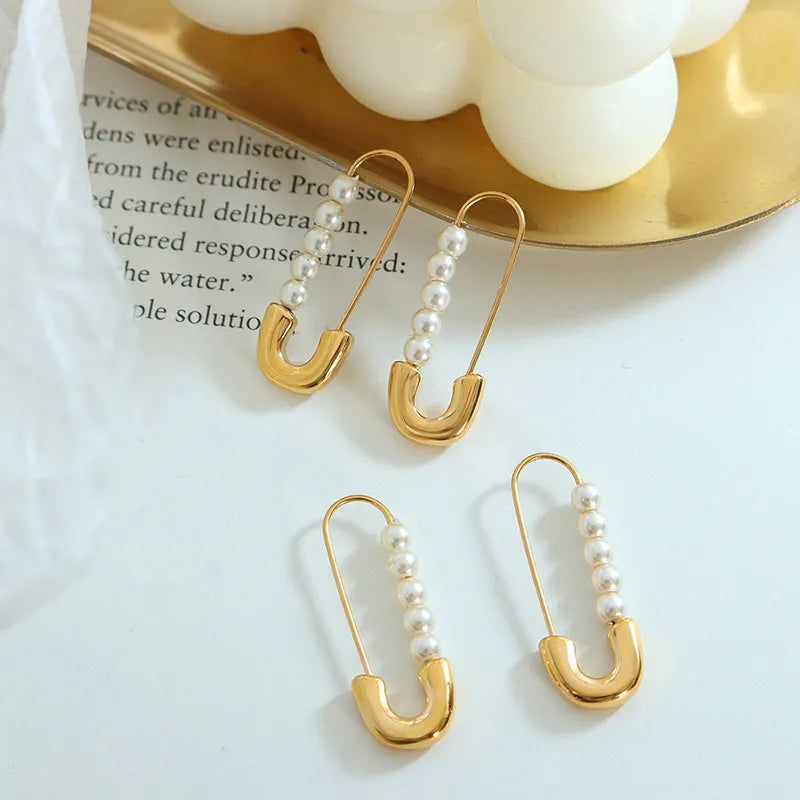 18K GoldPlated StainlessSteel Charm PaperClip Imitation Pearl Earrings For Women