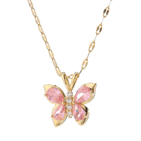 Butterfly 18k Gold Plated Stainless Steel Pink Butterfly Zircon Necklace for Women