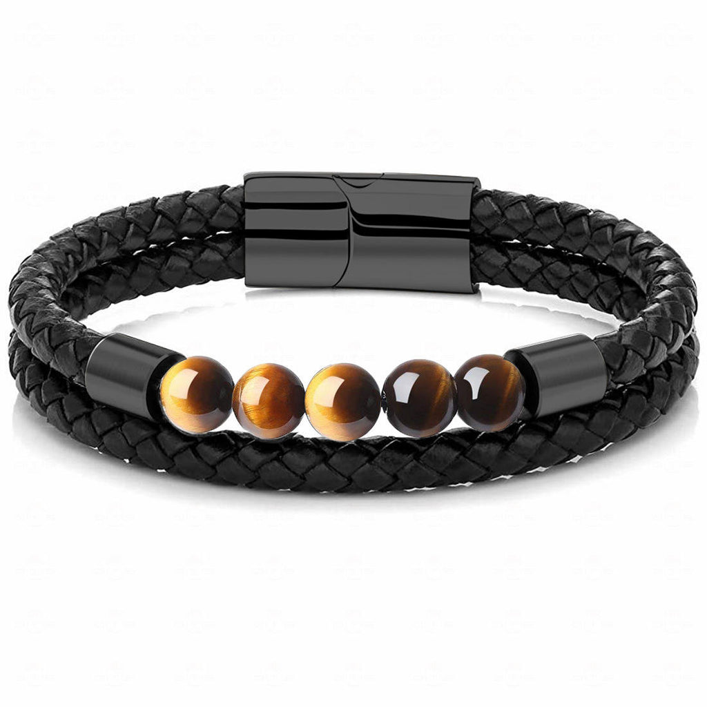 Retro Double-Layer Braided Bracelet – Natural Stone & PU Leather with Magnetic Buckle – Volcanic Stone & Tiger Eye Beaded Bracelet for Men & Women