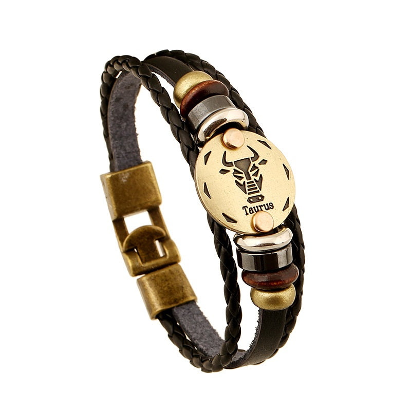 Unisex Copper Leather Wristband Bracelet with Constellation Zodiac Star